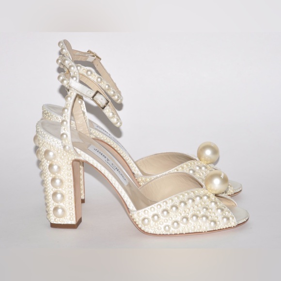 Jimmy Choo Sacaria 100 Ivory White Pearls Peep Toe Block Heel 39.5 MSRP $2050 - Picture 4 of 12